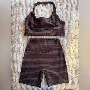 Vitality Brown Striped Workout Set- Halter Bra XL / Biker Shorts - Medium